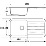 Technical Drawing with Dimensions for Abode Dune Inset mount Single Bowl Kitchen Sink For 600mm Cabinet in Composite