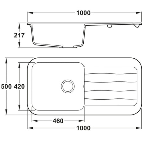 Technical Drawing with Dimensions for Abode Dune Inset mount Single Bowl Kitchen Sink For 600mm Cabinet in Composite