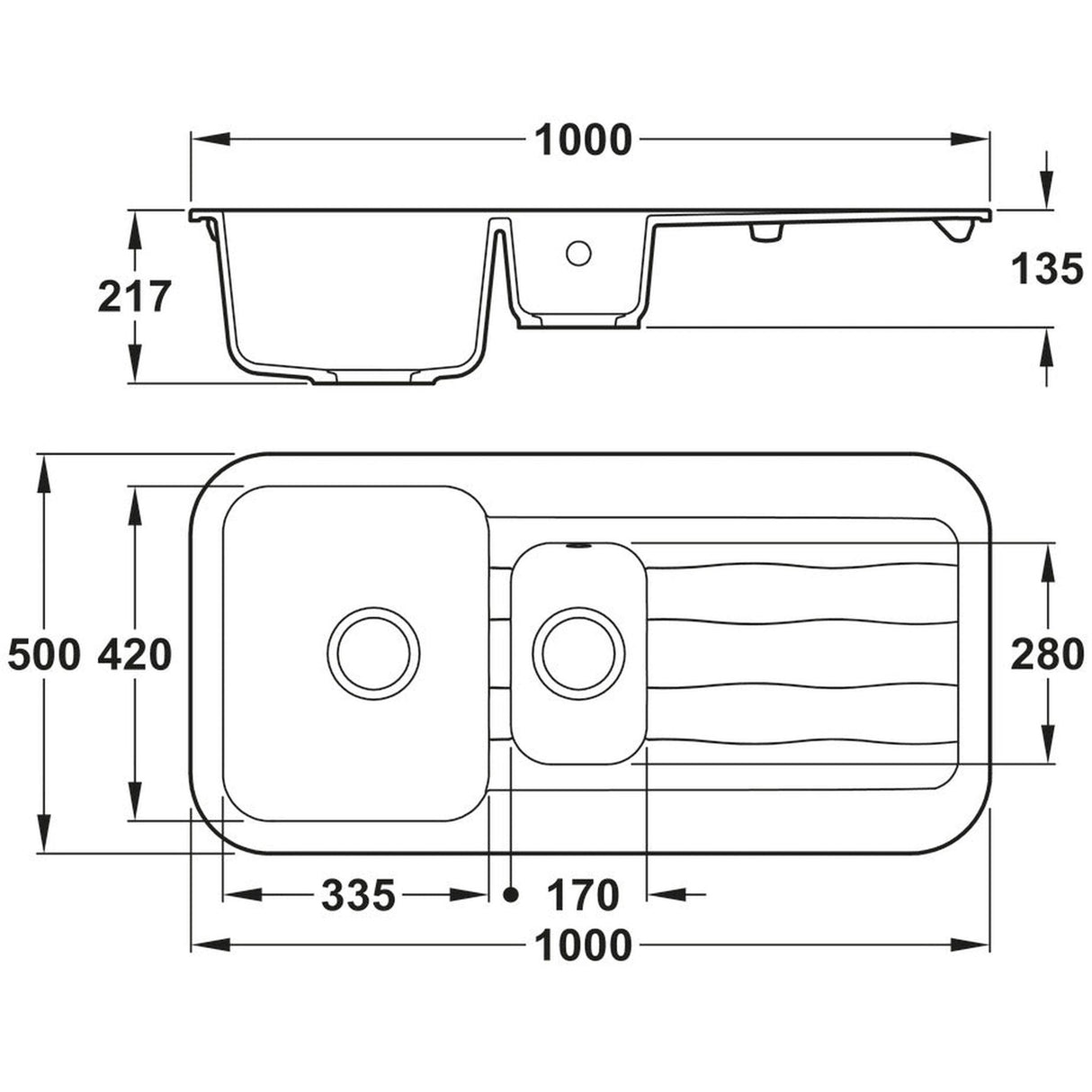 Technical Drawing with Dimensions for Abode Dune Inset Mount One and Half Bowl Kitchen Sink For 600mm Cabinet in Ceramic
