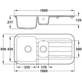 Technical Drawing with Dimensions for Abode Dune Inset Mount One and Half Bowl Kitchen Sink For 600mm Cabinet in Ceramic