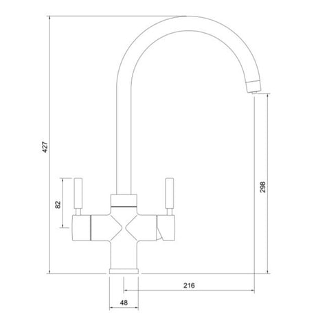 Technical Drawing with Dimensions for Pronteau ProStream C-Spout 2.1 litres 3-in-1 Filter Tap
