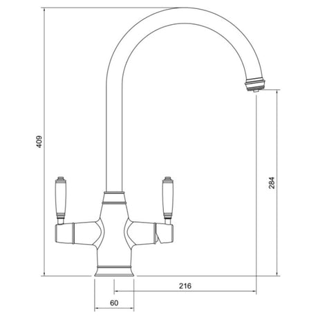 Technical Drawing with Dimensions for Pronteau ProTrad C-Spout 4-in-1 with ProBoil Filter Tap in 2.1 Litres