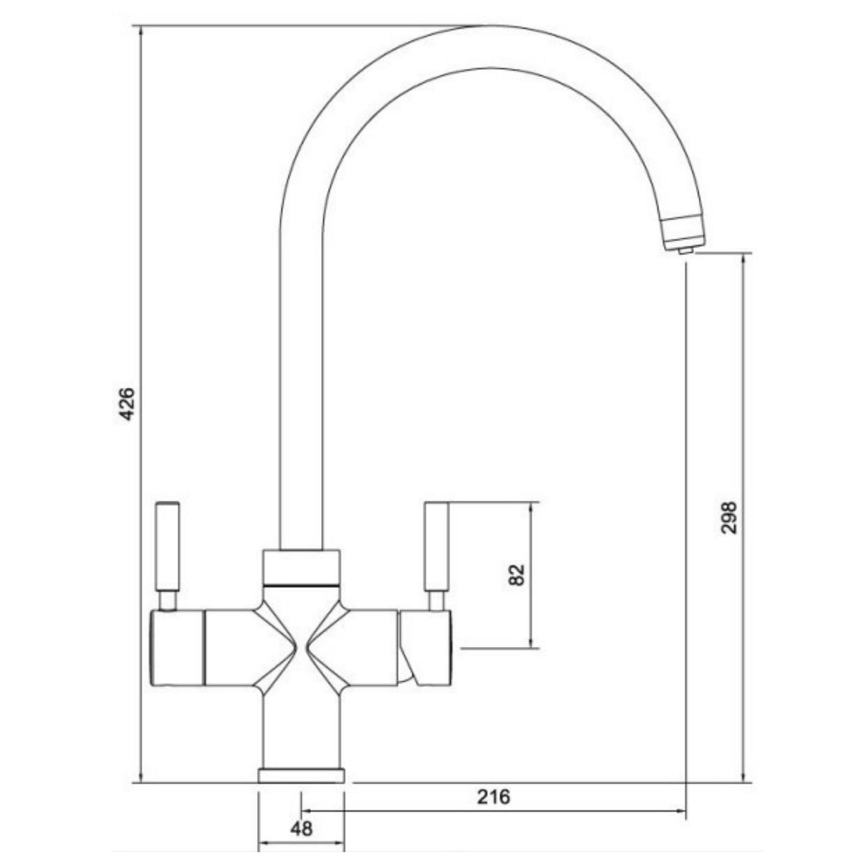 Technical Drawing with Dimensions for Pronteau ProPure 4-in-1 Filter Tap with ProBoil in 2.1 Litres