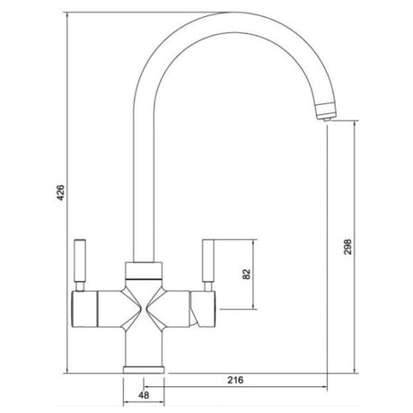 Technical Drawing with Dimensions for Pronteau ProPure 4-in-1 Filter Tap with ProBoil in 2.1 Litres