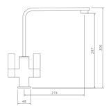 Technical Drawing with Dimensions for Abode Quantic L-Spout Mixer Tap with Dual Lever