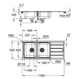 Technical drawing with dimensions for Grohe K500 Inset Mount Single Bowl Kitchen Sink for 800mm Cabinet in Stainless Steel Satin