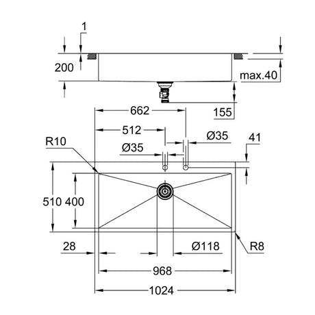 Technical drawing with dimensions for Grohe K800 Flush Mount Inset Mount Single Bowl Kitchen Sink for 1,200mm Cabinet in Stainless Steel Satin