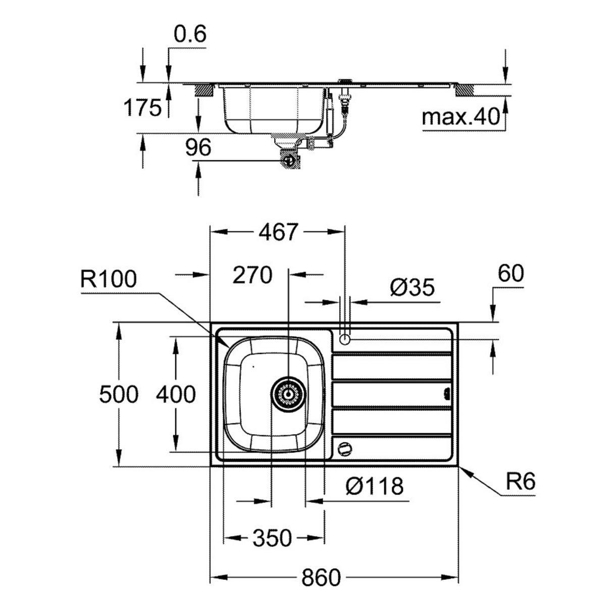 Technical drawing with dimensions for Grohe K200 Inset Mount Single Bowl with Drainer Kitchen Sink for 450mm Cabinet in Stainless Steel Satin