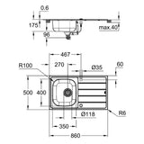 Technical drawing with dimensions for Grohe K200 Inset Mount Single Bowl with Drainer Kitchen Sink for 450mm Cabinet in Stainless Steel Satin