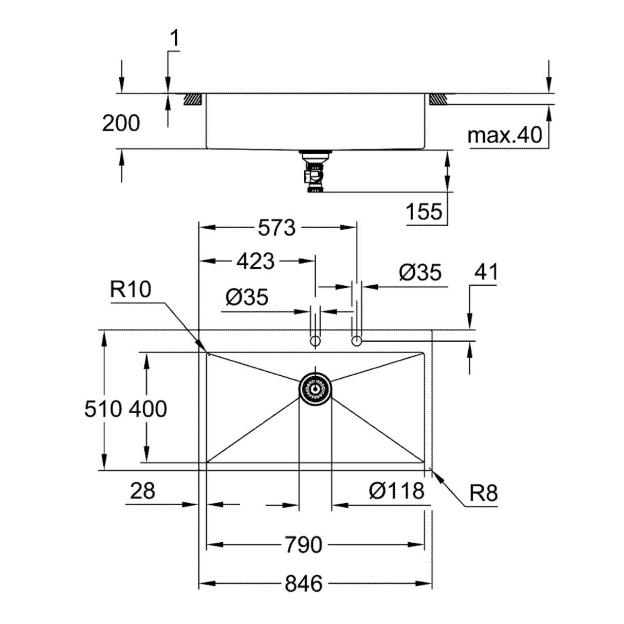 Technical drawing with dimensions for Grohe K800  Flush mount Single Bowl Kitchen Sink For 900mm Cabinet In Stainless Steel Satin