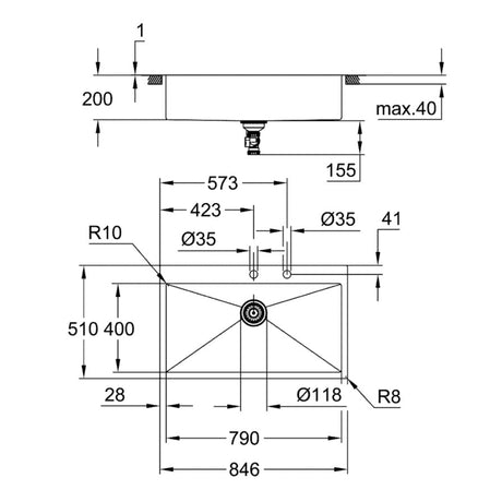 Technical drawing with dimensions for Grohe K800  Flush mount Single Bowl Kitchen Sink For 900mm Cabinet In Stainless Steel Satin