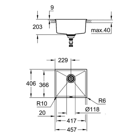 Technical drawing with dimensions for Grohe K700 Undermount, Inset Mount Single Bowl with Quartz Composite Kitchen Sink For 50mm Cabinet in Stainless Steel Black