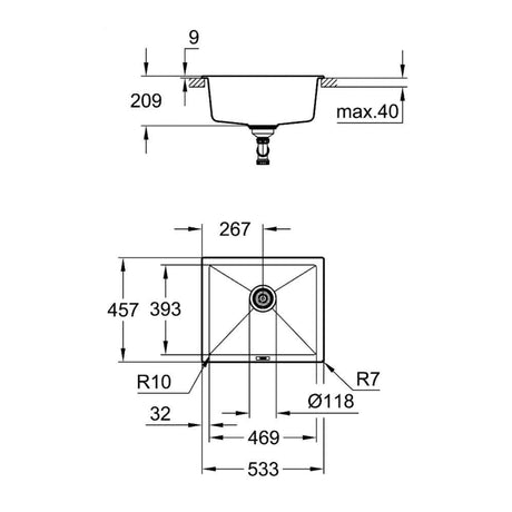 Technical Drawing for Grohe K700 Undermount, Inset Mount Single Bowl Kitchen Sink For 600mm Cabinet in Stainless Steel Black - Dimension