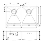Technical Drawing with Dimensions for Abode Matrix R0 Undermount  Double Bowl Kitchen Sink For 800mm Cabinet in Stainless Steel Brushed