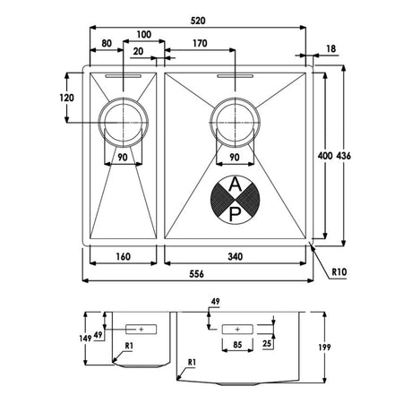 Technical Drawing with Dimensions for Abode Matrix R0 Undermount One and Half Bowl Kitchen Sink For 600mm Cabinet in Stainless Steel 
Brushed Right