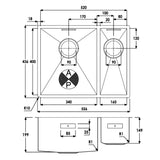 Technical Drawing with Dimensions for Abode Matrix R0 Undermount One and Half Bowl Kitchen Sink For 600mm Cabinet in Stainless Steel 
Brushed Left