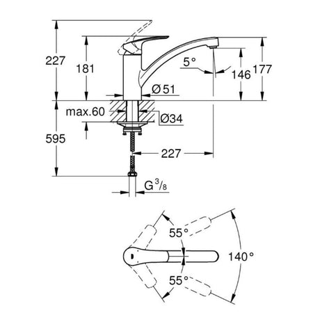 Technical Drawing with Dimensions for Grohe Via Contemporary Low Spout Mixer Tap With Single Lever In Brushed Super Steel Life Style