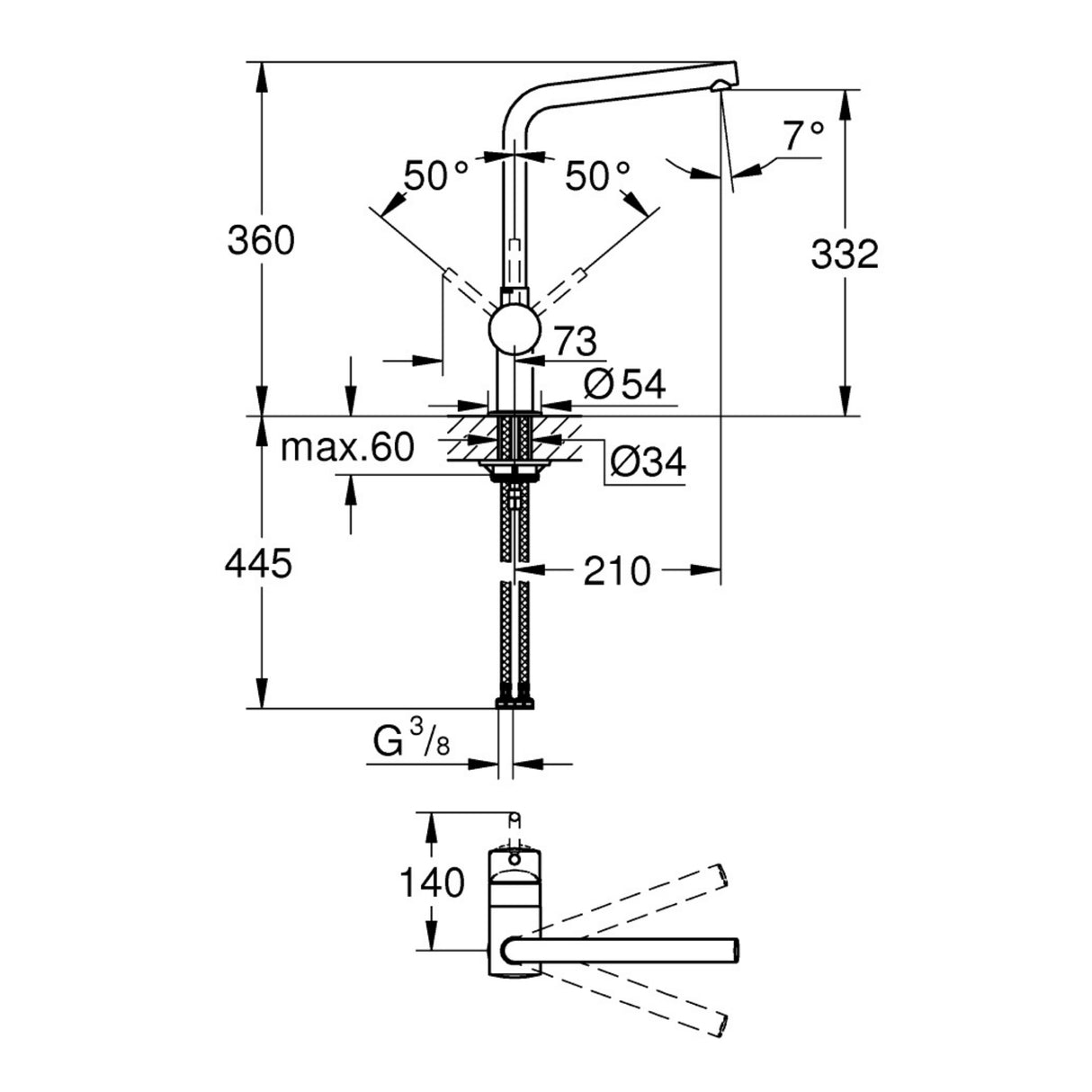 Technical drawing with dimensions for Grohe Minta Contemporary L-Spout Mixer Tap with Single Lever Mixer in Polished Chrome