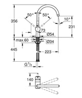 Technical drawing with dimensions for Grohe Minta Contemporary C-Spout Mixer Tap with Single Lever Monobloc
