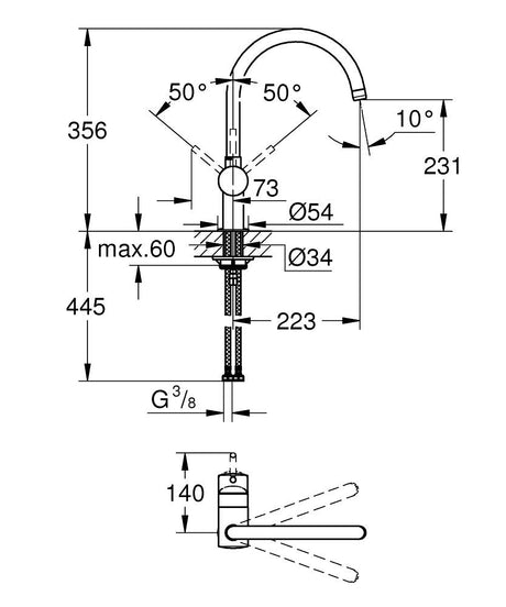 Technical drawing with dimensions for Grohe Minta Contemporary C-Spout Mixer Tap with Single Lever Monobloc