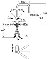 Technical drawing with dimensions for Grohe Minta Pull Out Spray U-Spout Tap with Single Lever Mixer in Polished Chrome
