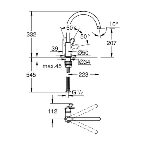 Technical drawing with dimensions for Grohe Bauflow C-Spout Mixer Tap with Single Lever in Polished Chrome
