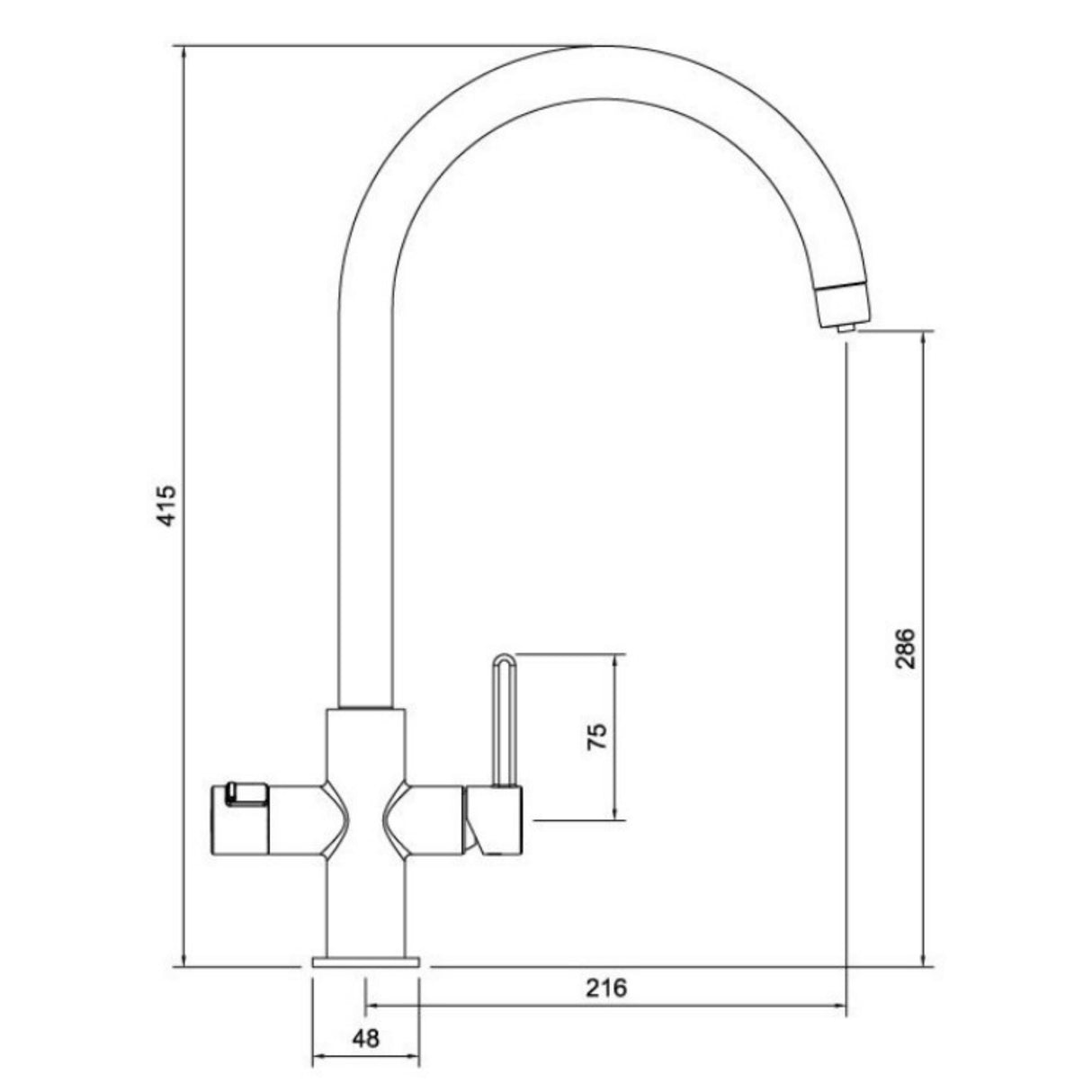 Technical Drawing with Dimensions for Pronteau Prothia C-Spout 2.1 Litres with Tab Single Lever