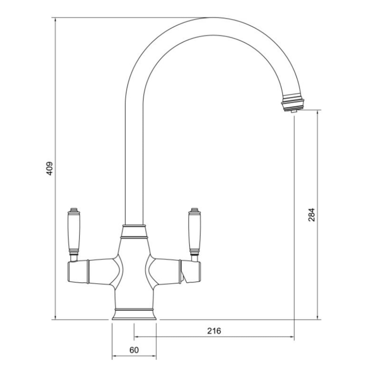 Technical Drawing with Dimensions for
 Pronteau ProTrad C-Spout 3-in-1 Filter Tap in 2.1 Litres