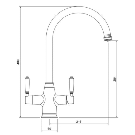 Technical Drawing with Dimensions for
 Pronteau ProTrad C-Spout 3-in-1 Filter Tap in 2.1 Litres