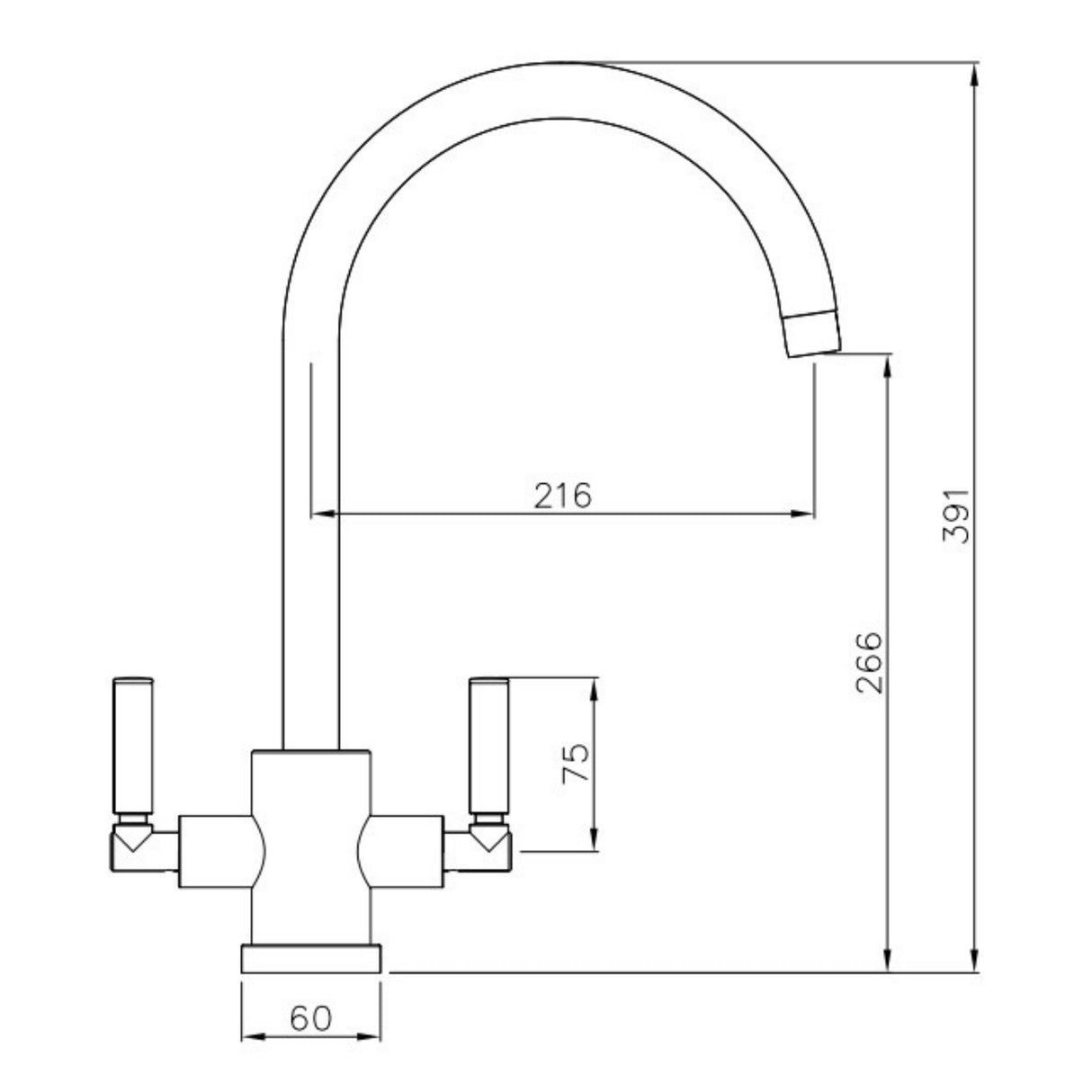 Technical Drawing with Dimensions for Abode Atlas C-Spout Mixer Tap With Dual Level