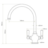 Technical Drawing with Dimensions for Bidbury & Co. Amesbury C-Spout Porcelain Handles Mixer Tap with Dual Lever