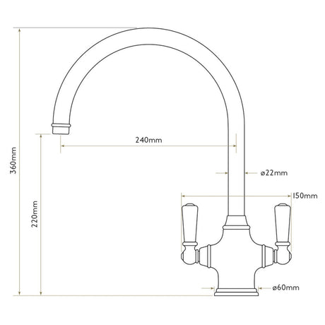 Technical Drawing with Dimensions for Bidbury & Co. Amesbury C-Spout Porcelain Handles Mixer Tap with Dual Lever