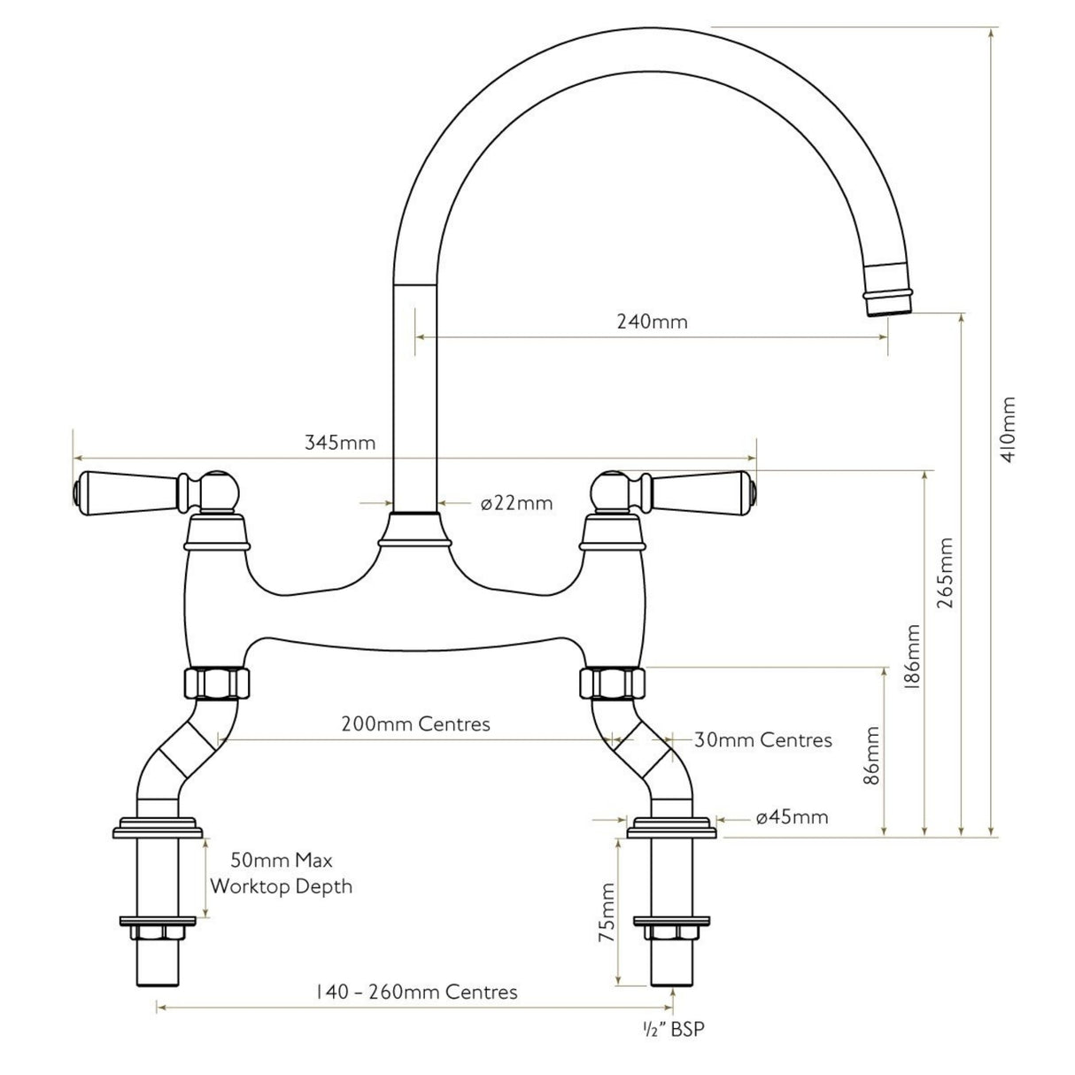 Technical Drawing with Dimensions for Bidbury & Co. Moreton C-Spout Traditional Bridge Tap with Porcelain Handles