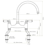 Technical Drawing with Dimensions for Bidbury & Co. Moreton C-Spout Traditional Bridge Tap with Porcelain Handles