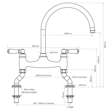 Technical Drawing with Dimensions for Bidbury & Co. Moreton C-Spout Traditional Bridge Tap with Porcelain Handles
