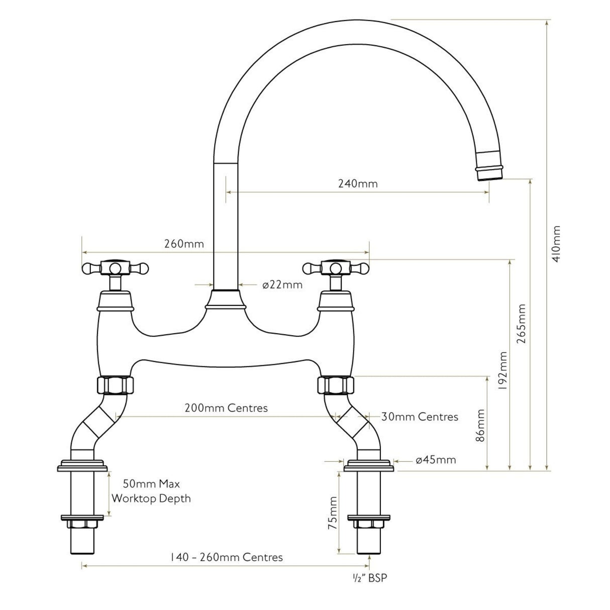 Technical Drawing with Dimensions for Bidbury & Co. Sherbourne C-Spout Crosshead Handles Traditional Bridge Tap 