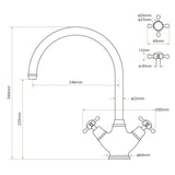 Technical Drawing with Dimensions for Bidbury & Co Yorkley C-Spout Crosshead Handles with Dual Lever Mixer Tap