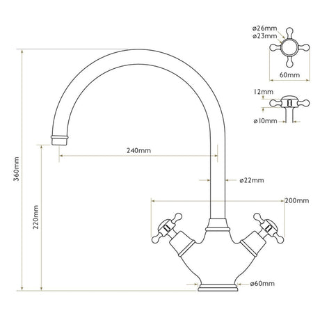 Technical Drawing with Dimensions for Bidbury & Co Yorkley C-Spout Crosshead Handles with Dual Lever Mixer Tap