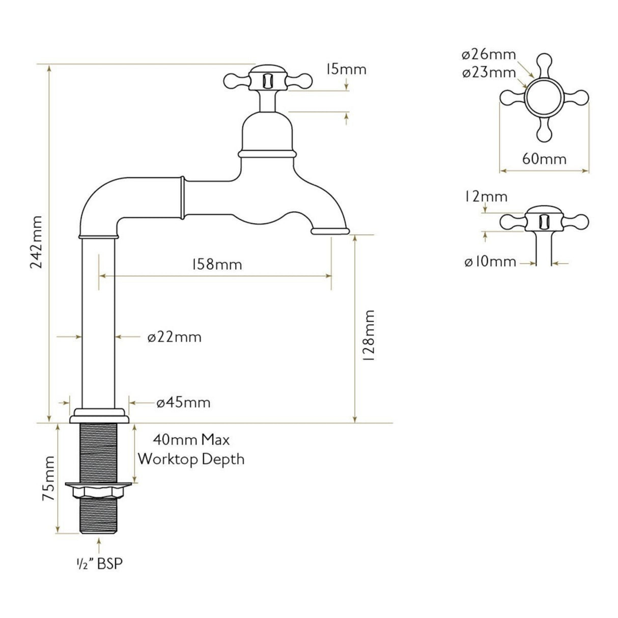 Technical Drawing with Dimensions for Bidbury & Co Caswell Bibcock Taps with Crosshead Handles