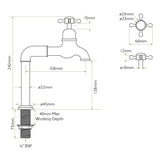 Technical Drawing with Dimensions for Bidbury & Co Caswell Bibcock Taps with Crosshead Handles