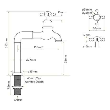 Technical Drawing with Dimensions for Bidbury & Co Caswell Bibcock Taps with Crosshead Handles