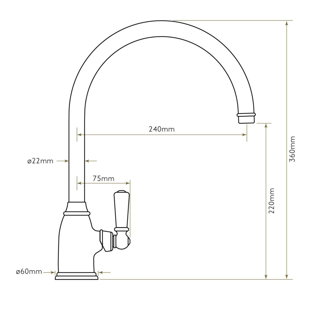 Technical Drawing with Dimensions for Bidbury & Co Malvern C-Spout  Porcelain Handles Mixer Tap With Single Lever