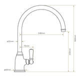 Technical Drawing with Dimensions for Bidbury & Co Malvern C-Spout  Porcelain Handles Mixer Tap With Single Lever