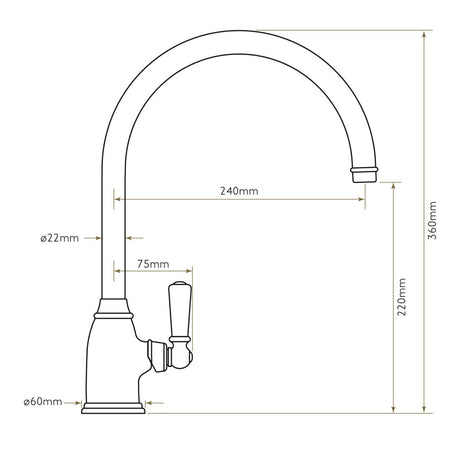 Technical Drawing with Dimensions for Bidbury & Co Malvern C-Spout  Porcelain Handles Mixer Tap With Single Lever