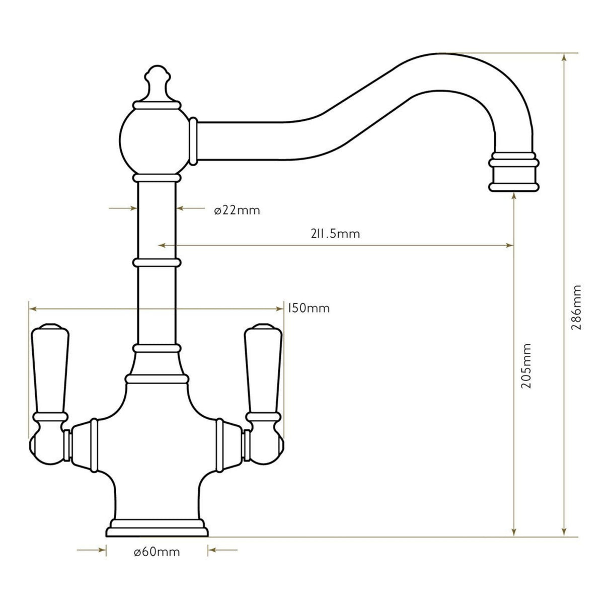 Technical Drawing with Dimensions for Bidbury & Co Bickton Monobloc Kitchen Mixer Tap with Twin Lever Metal Handles