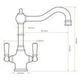 Technical Drawing with Dimensions for Bidbury & Co Bickton Monobloc Kitchen Mixer Tap with Twin Lever Metal Handles
