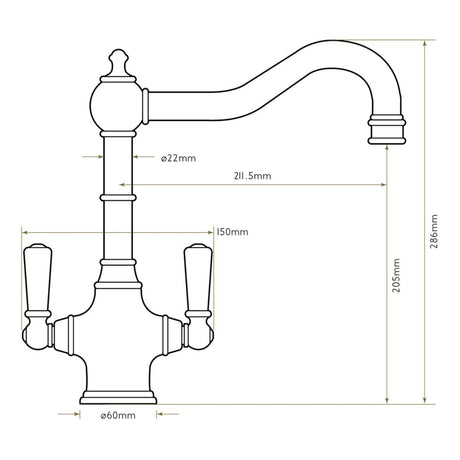 Technical Drawing with Dimensions for Bidbury & Co Bickton Monobloc Kitchen Mixer Tap with Twin Lever Metal Handles