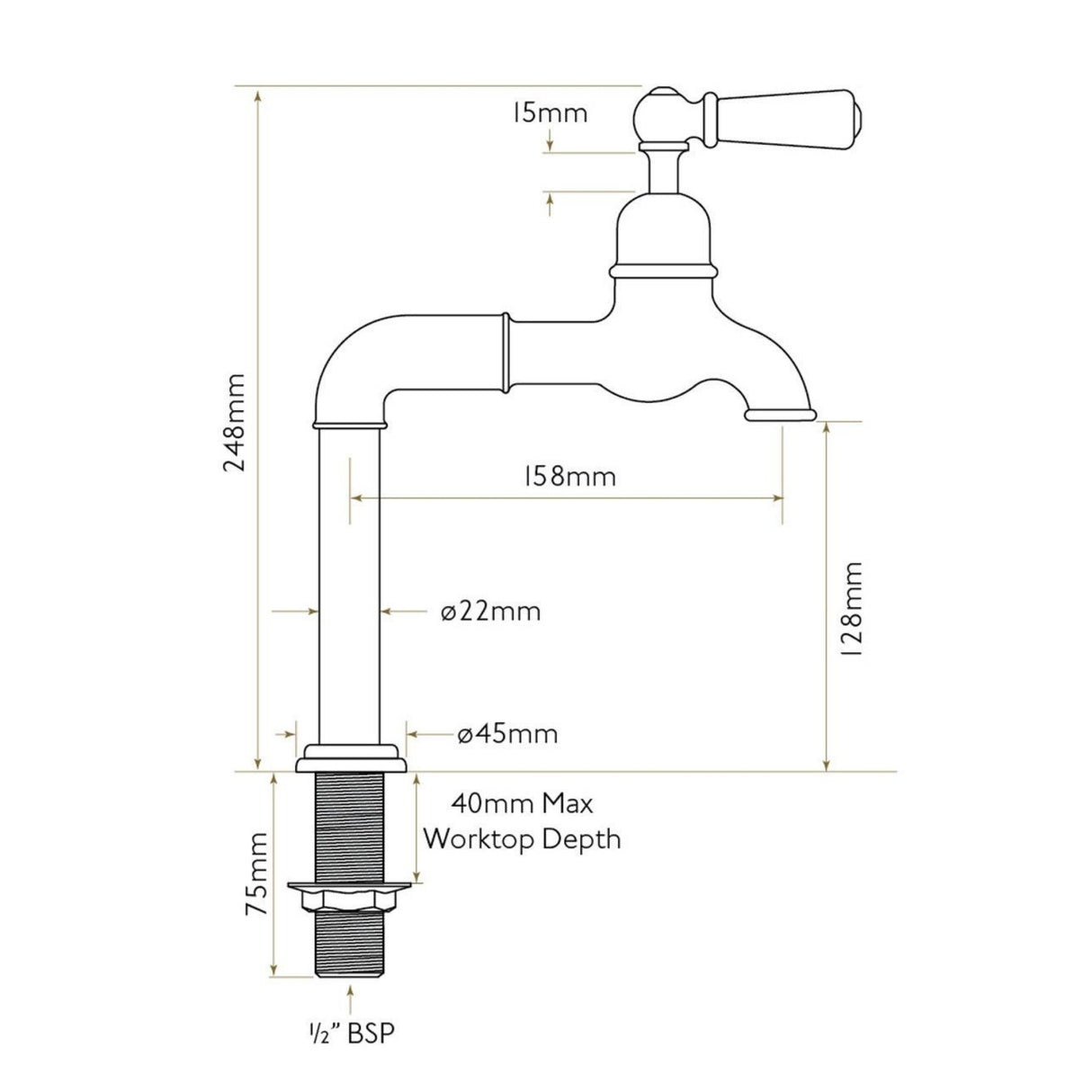 Technical Drawing with Dimensions for Bidbury & Co. Hanford Bibcock Taps With Porcelain Handles