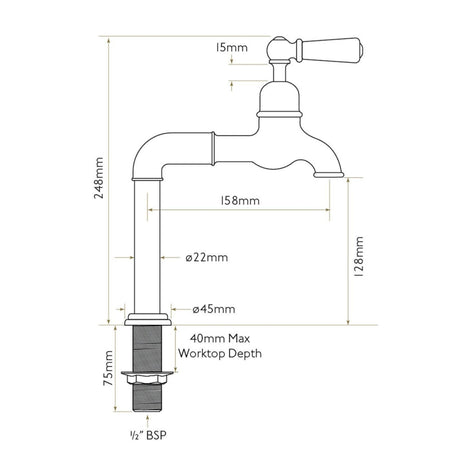 Technical Drawing with Dimensions for Bidbury & Co. Hanford Bibcock Taps With Porcelain Handles