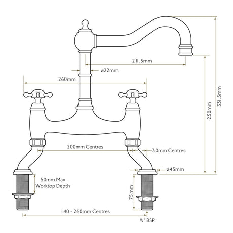 Technical Drawing with Dimensions for Bidbury & Co Fairford Country Style Spout Traditional Bridge Tap with Crosshead Handles